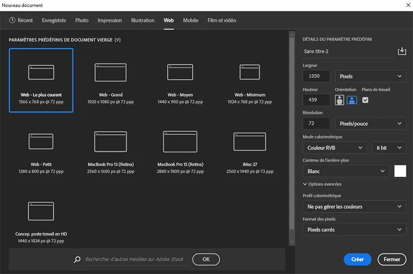 Créer un nouveau document dans Photoshop